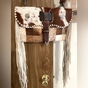 Crossbody multi color cow hide bag real leather handmade buckle purse.